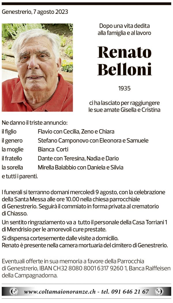 Annuncio funebre Renato Belloni