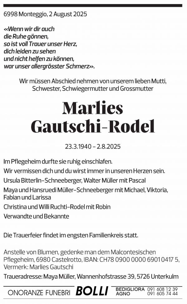 Annuncio funebre Marlies Gautschi-rodel