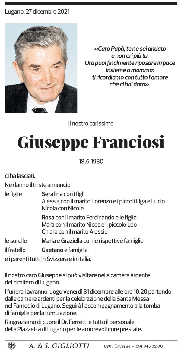 Annuncio funebre Giuseppe Franciosi