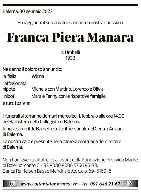 Annuncio funebre Franca Piera Manara