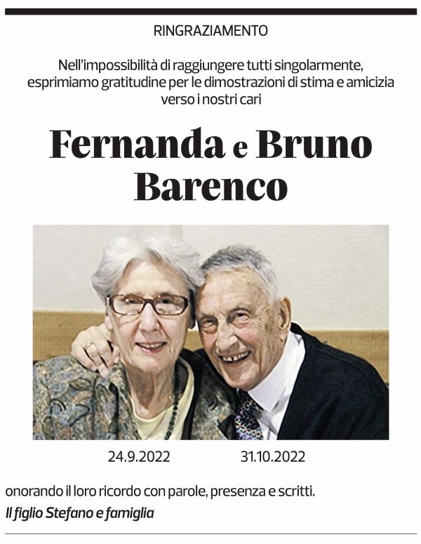 Annuncio funebre Fernanda E Bruno Barenco