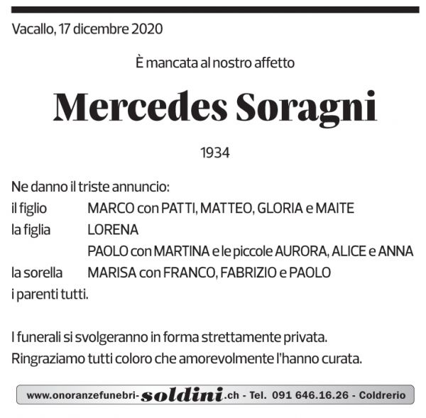 Annuncio funebre Mercedes Soragni