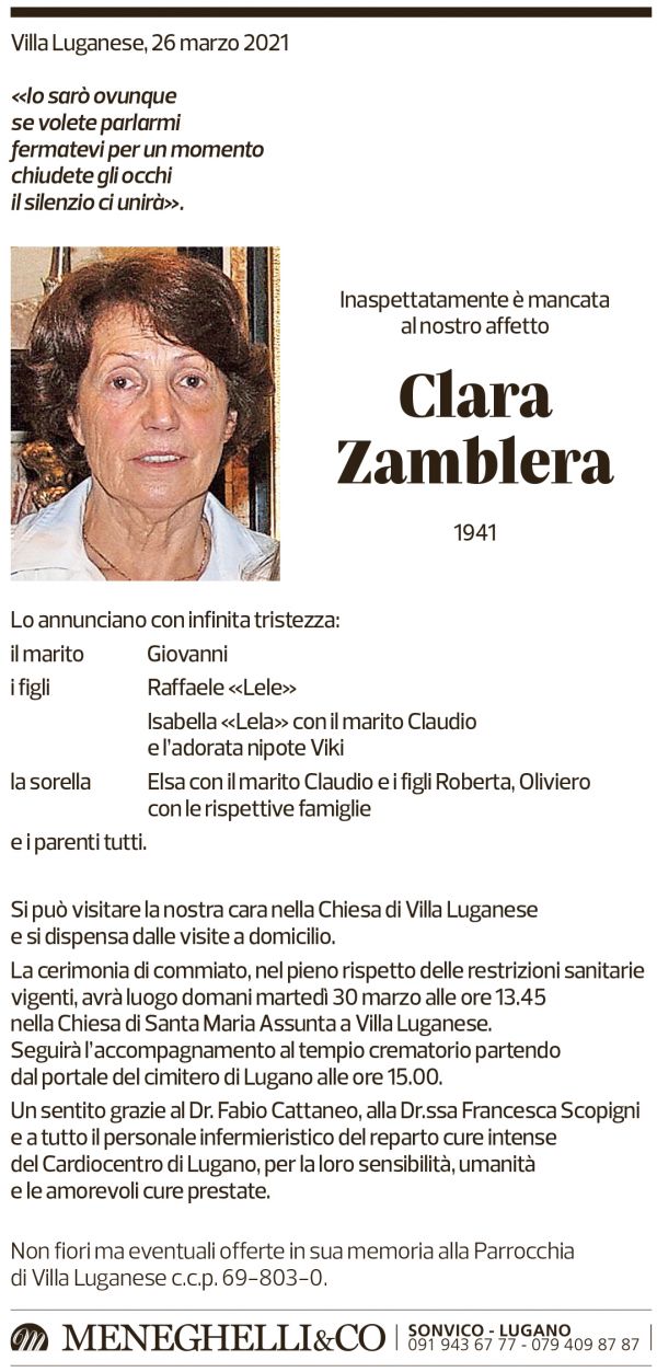 Annuncio funebre Clara Zamblera