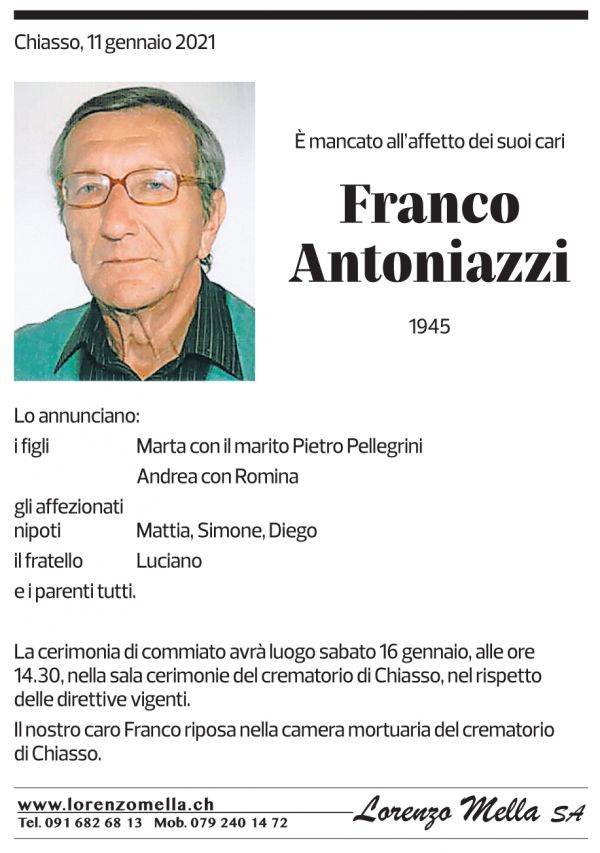 Annuncio funebre Franco Antoniazzi