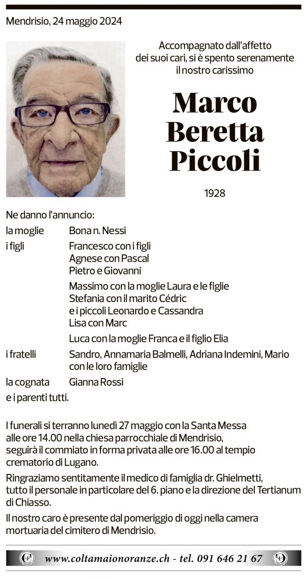 Annuncio funebre Marco Beretta Piccoli