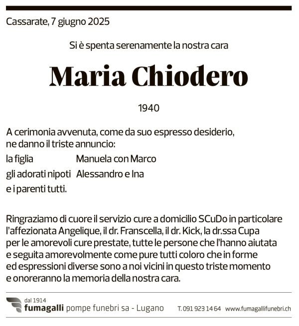 Annuncio funebre Maria Chiodero