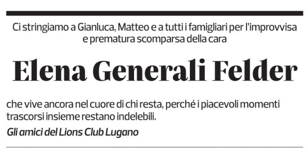 Annuncio funebre Elena Generali Felder