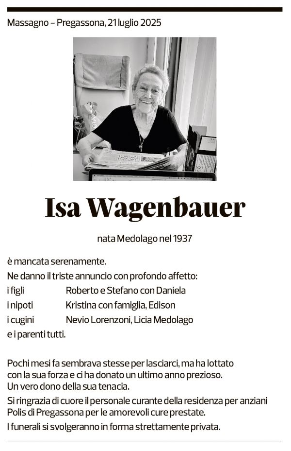 Annuncio funebre Isa Wagenbauer