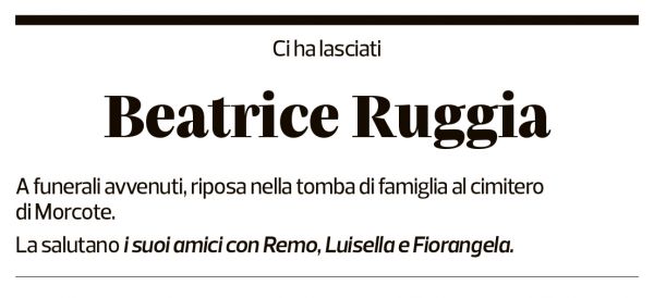 Annuncio funebre Beatrice Ruggia