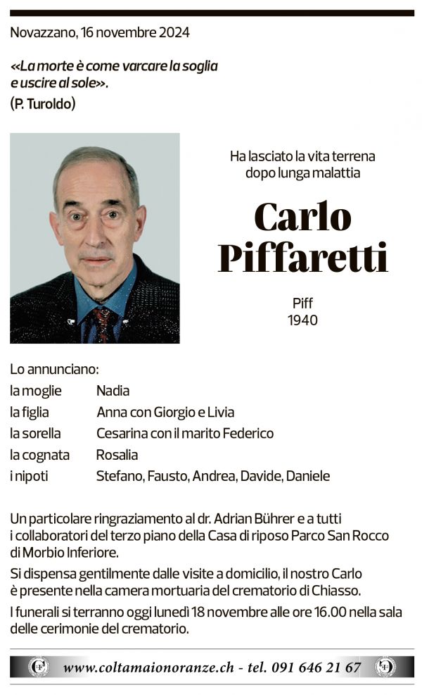 Annuncio funebre Carlo Piffaretti