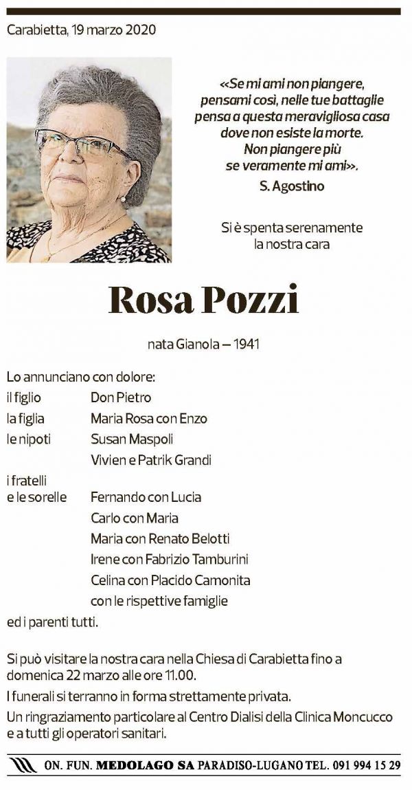 Annuncio funebre Rosa Pozzi