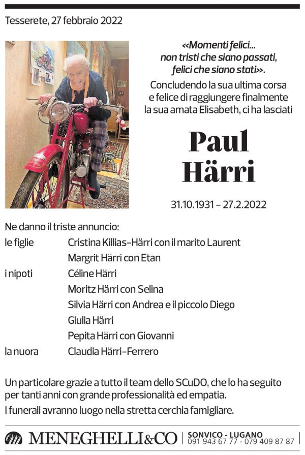 Annuncio funebre Paul Härri