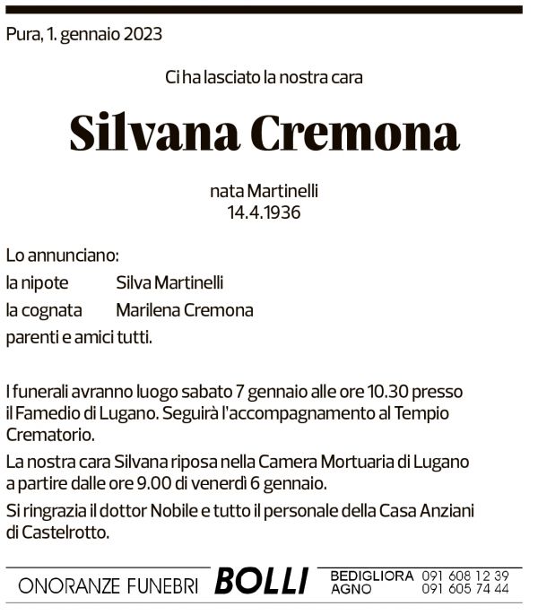 Annuncio funebre Silvana Cremona