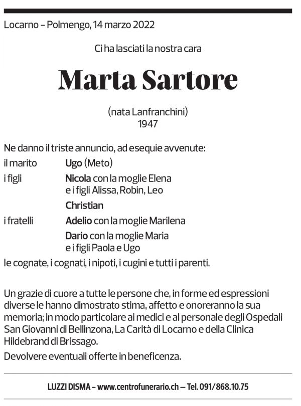 Annuncio funebre Marta Sartore