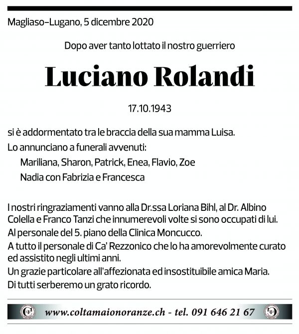Annuncio funebre Luciano Rolandi