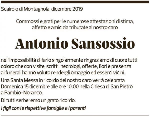 Annuncio funebre Antonio Sansossio
