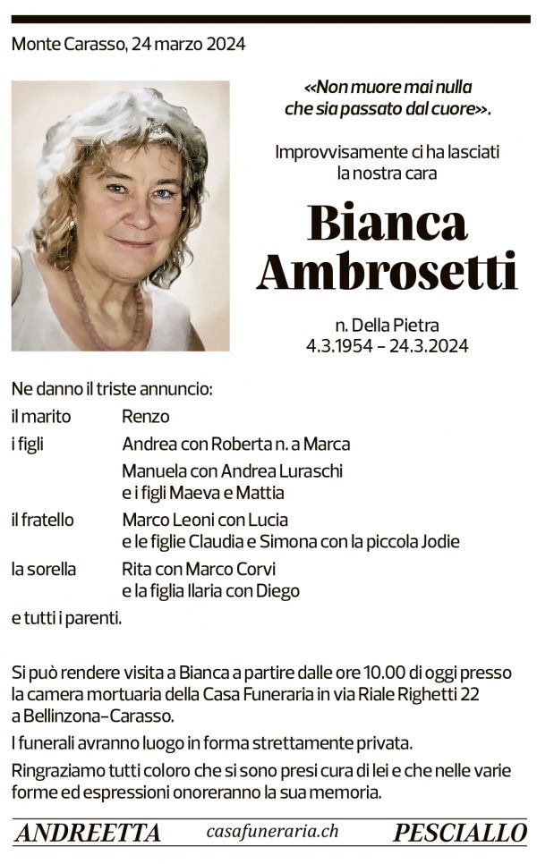 Annuncio funebre Bianca Ambrosetti