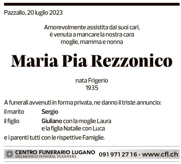 Annuncio funebre Maria Pia Rezzonico