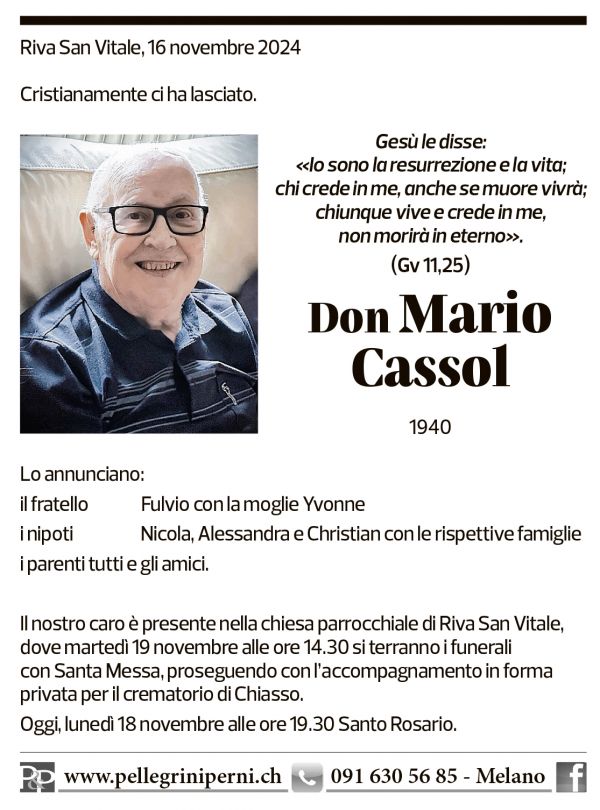 Annuncio funebre Mario Cassol