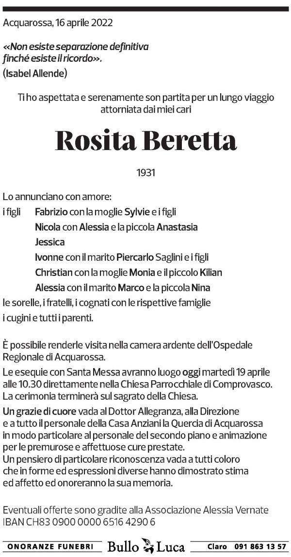 Annuncio funebre Rosita Beretta