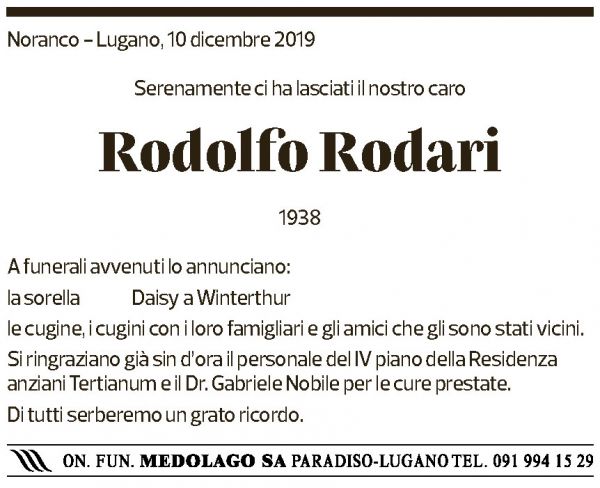 Annuncio funebre Rodolfo Rodari