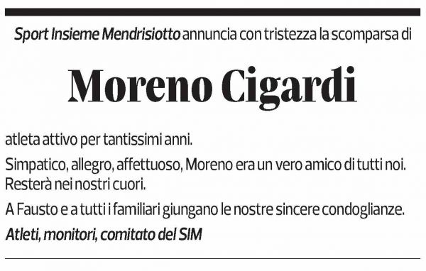 Annuncio funebre Moreno Cigardi