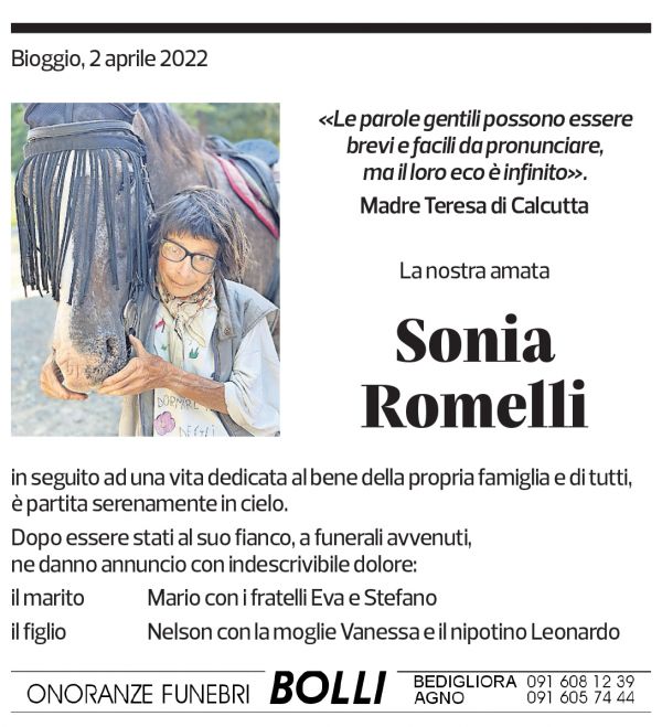 Annuncio funebre Sonia Romelli