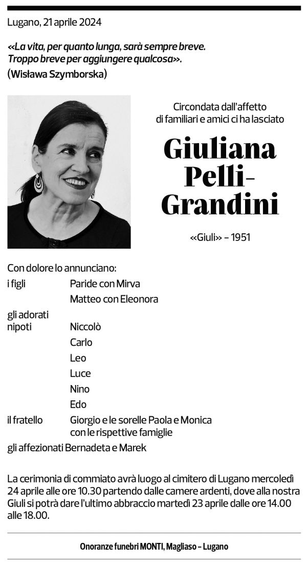 Annuncio funebre Giuliana Pelli-grandini