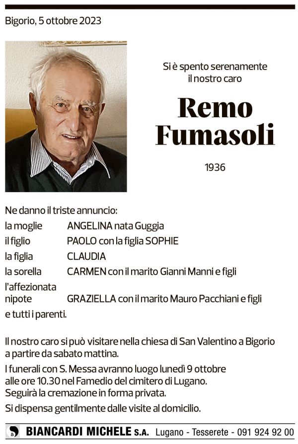 Annuncio funebre Remo Fumasoli