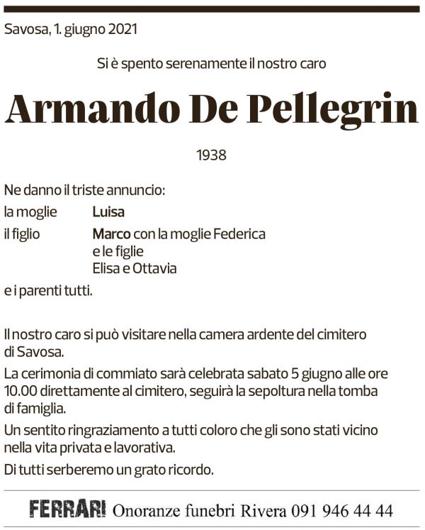 Annuncio funebre Armando De Pellegrin