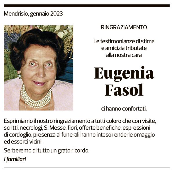 Annuncio funebre Eugenia Fasol