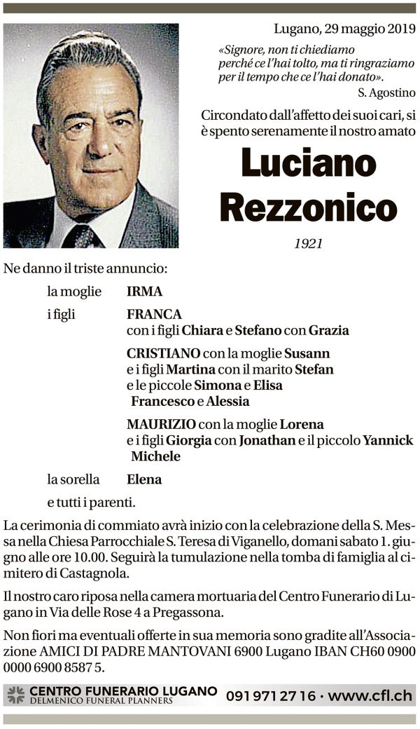 Annuncio funebre Luciano Rezzonico