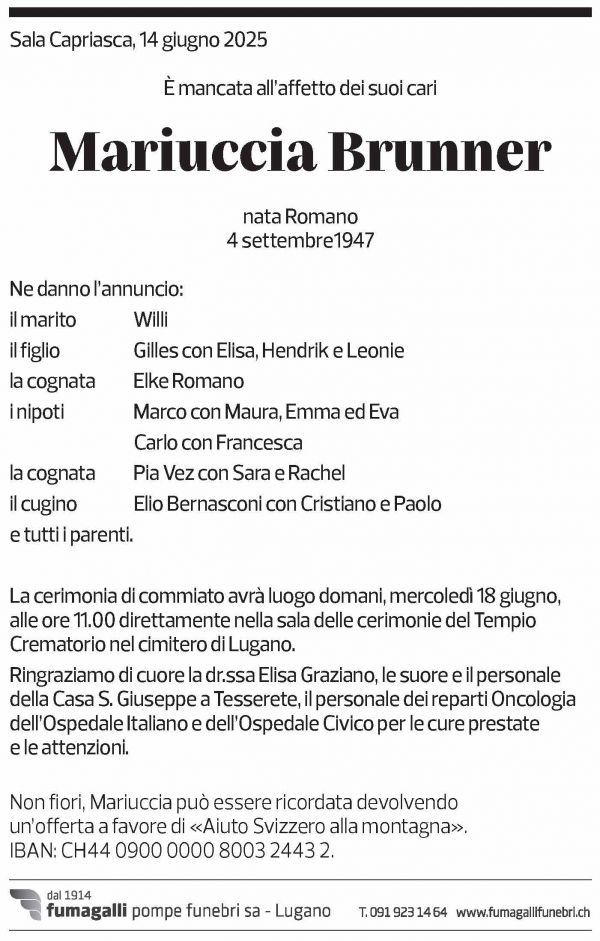 Annuncio funebre Mariuccia Brunner