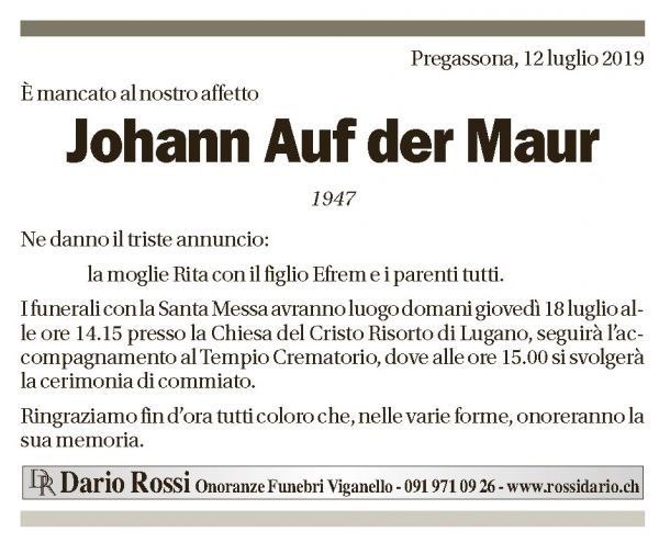 Annuncio funebre Johann Auf Der Maur