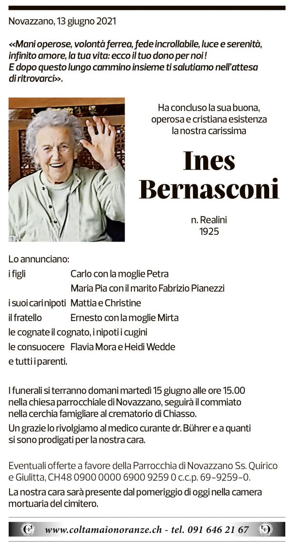 Annuncio funebre Ines Bernasconi