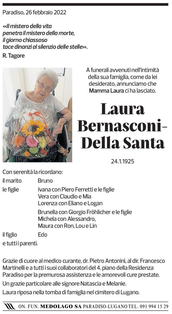 Annuncio funebre Laura Bernasconi-della Santa