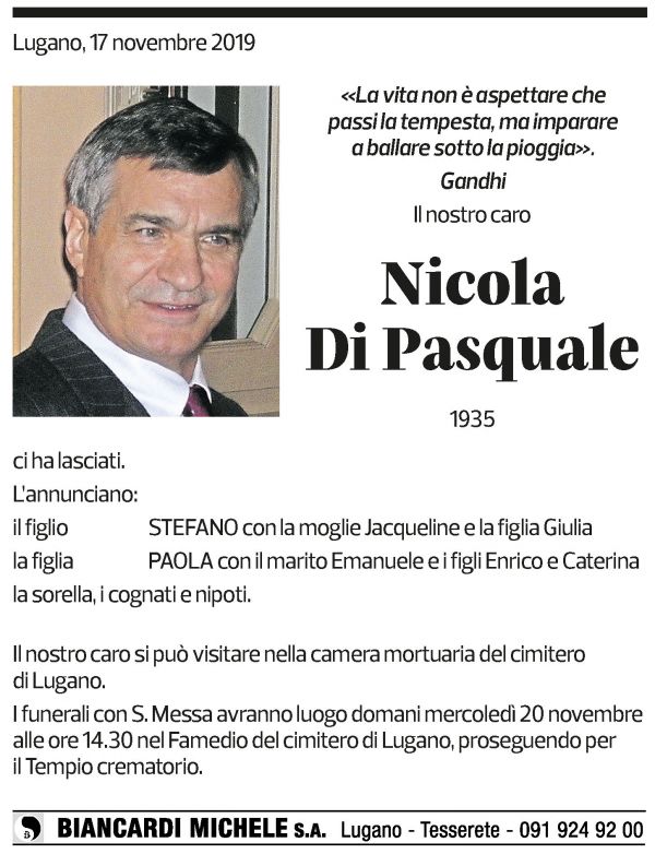 Annuncio funebre Nicola Di Pasquale