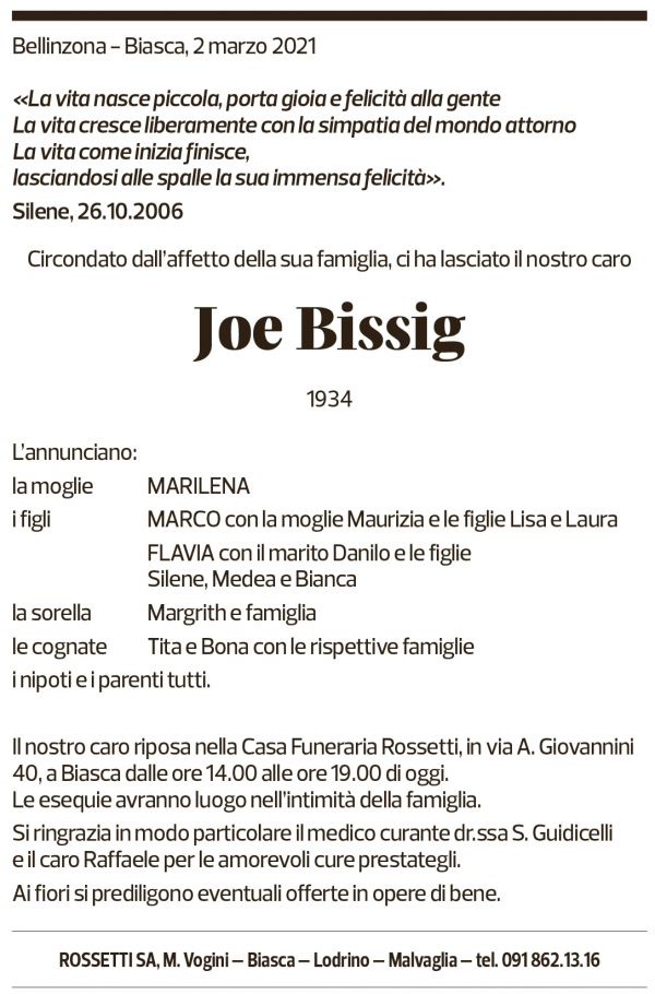 Annuncio funebre Joe Bissig