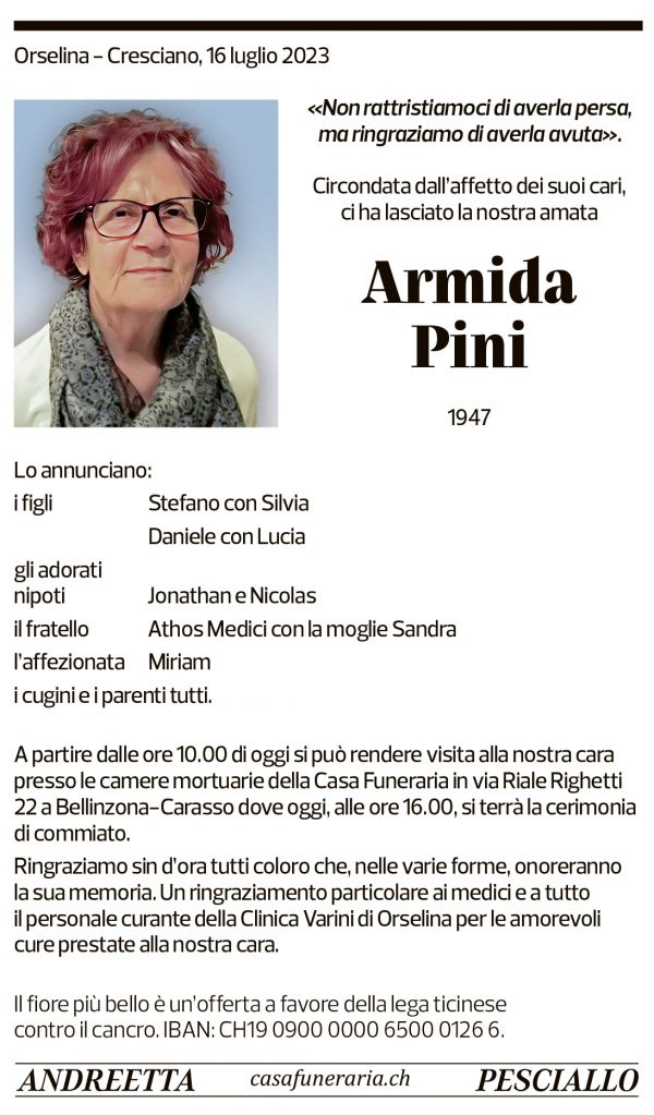 Annuncio funebre Armida Pini