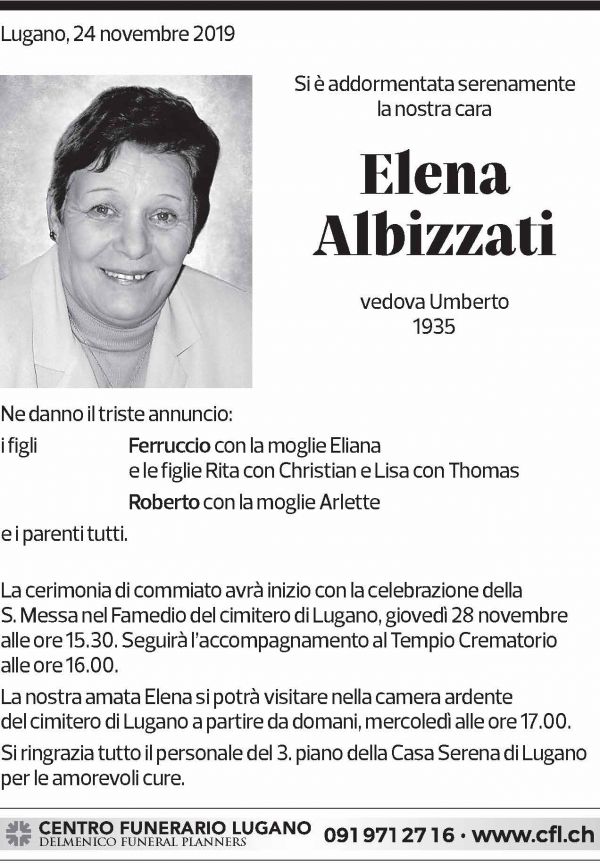Annuncio funebre Elena Albizzati