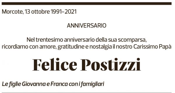 Annuncio funebre Felice Postizzi