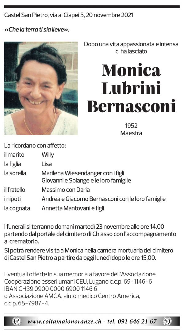 Annuncio funebre Monica Lubrini Bernasconi