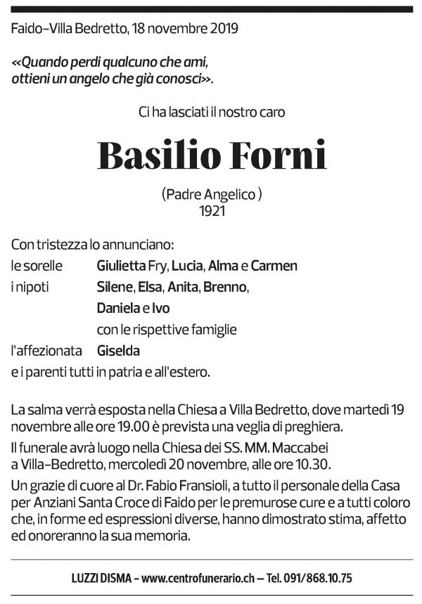Annuncio funebre Basilio Forni