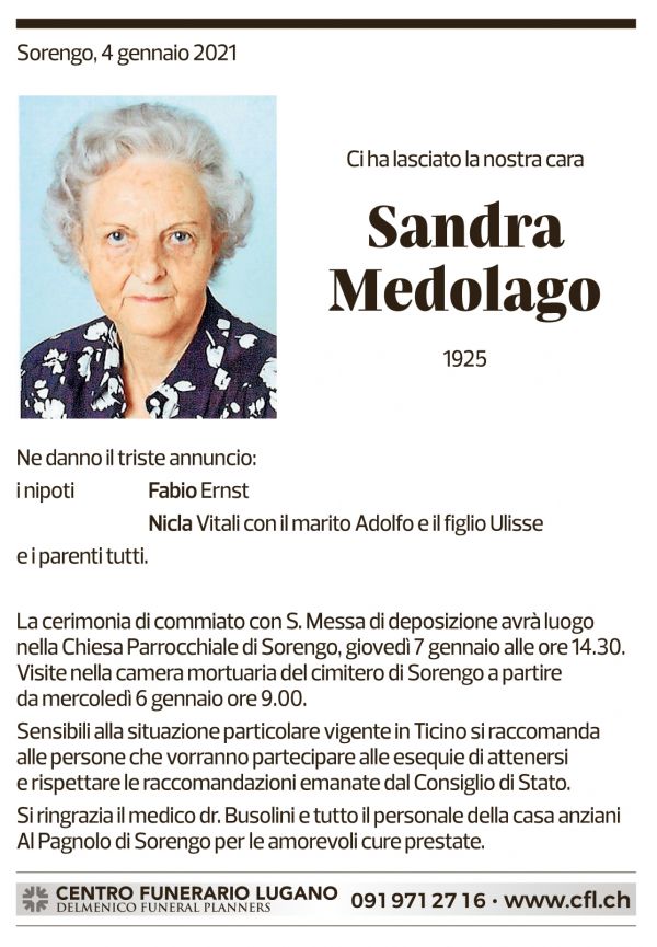 Annuncio funebre Sandra Medolago