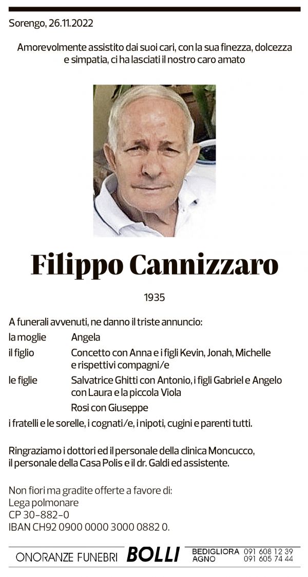 Annuncio funebre Filippo Cannizzaro