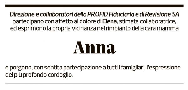 Annuncio funebre Anna Stäger