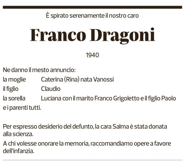 Annuncio funebre Franco Dragoni