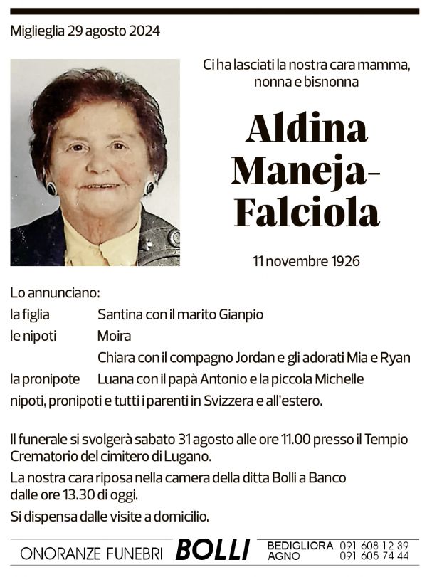 Annuncio funebre Aldina Maneja-falciola