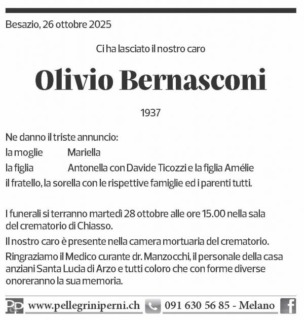 Annuncio funebre Olivio Bernasconi