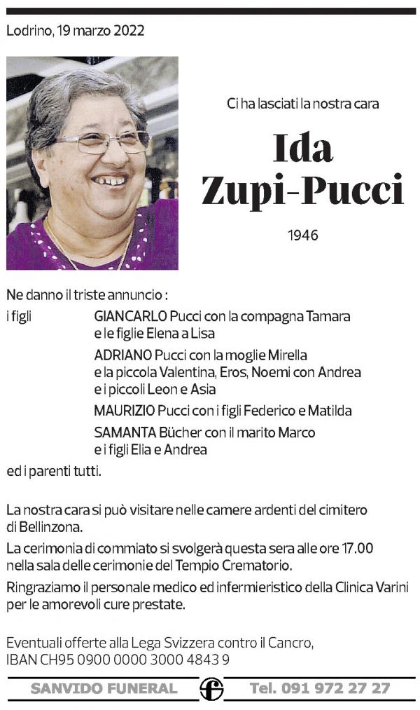 Annuncio funebre Ida Zupi-pucci